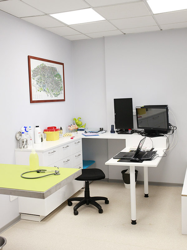 Salle de consultation équipée avec bureau informatique, mobilier médical et carte encadrée de Lille au mur