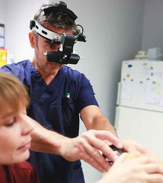 Vétérinaire portant un casque d'ophtalmoscopie binoculaire indirect réalisant un examen oculaire